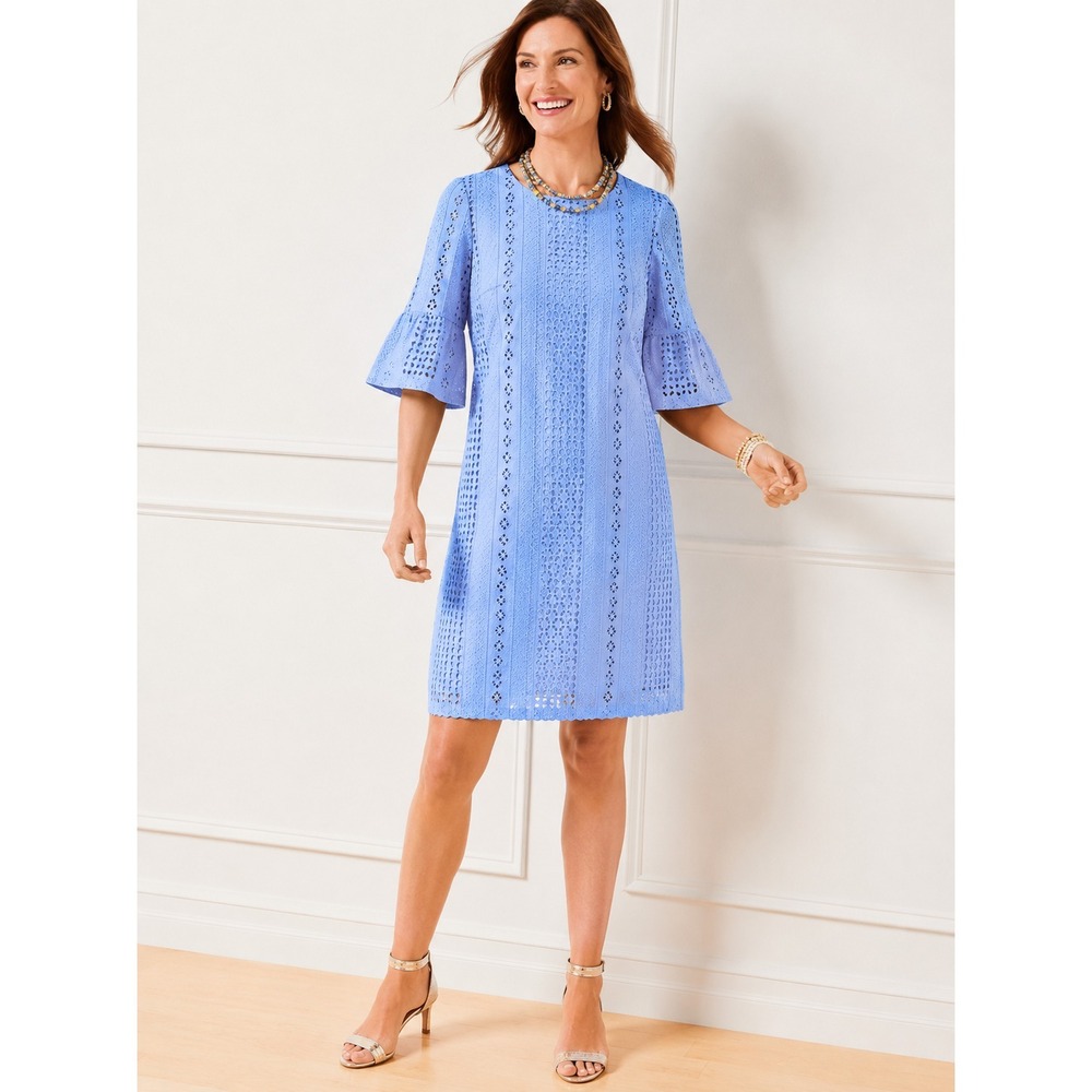 J. Crew‎ Eyelet Lace Shift Dress Sz 10 Periwinkle Trumpet Sleeve Modest Preppy